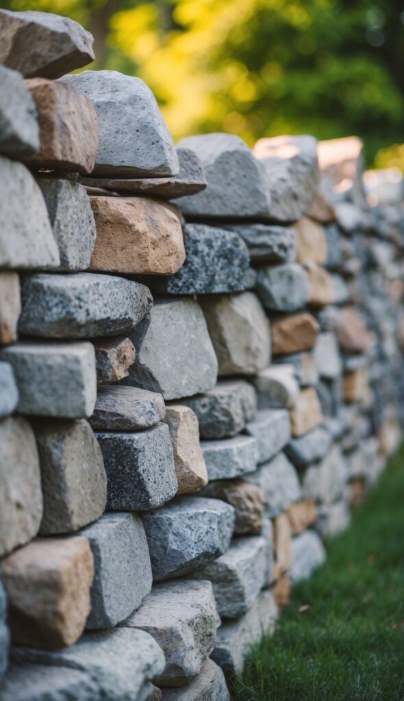 A stacked stone fence with a variety of mixed stone types lines the boundary, creating a rustic and natural border