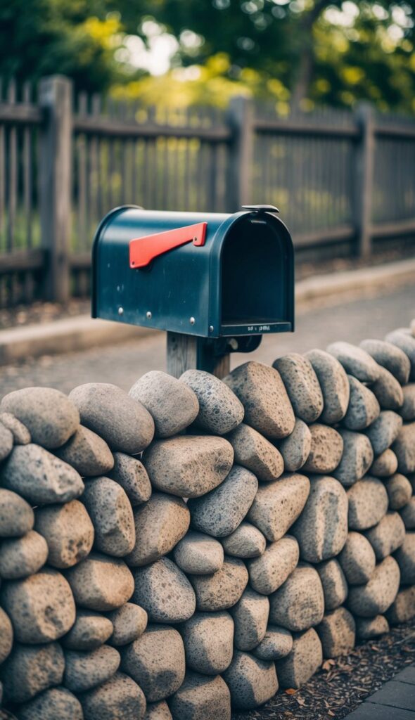 A cobblestone fence encloses a mailbox area with a rustic and weathered appearance