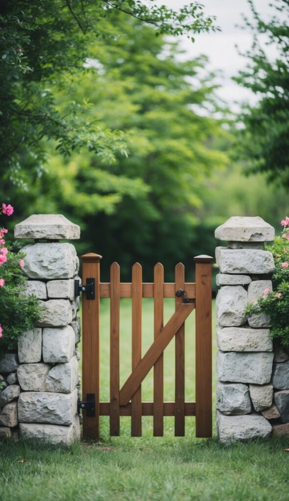 A stone fence with wooden gate, surrounded by lush greenery and flowers