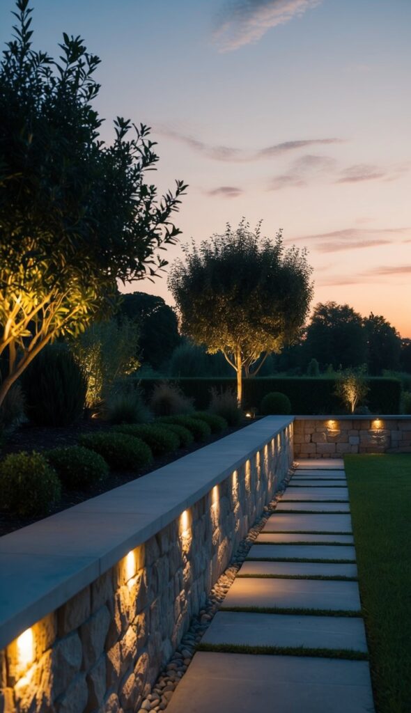 Low stone boundary walls with built-in lighting illuminate a serene garden at dusk