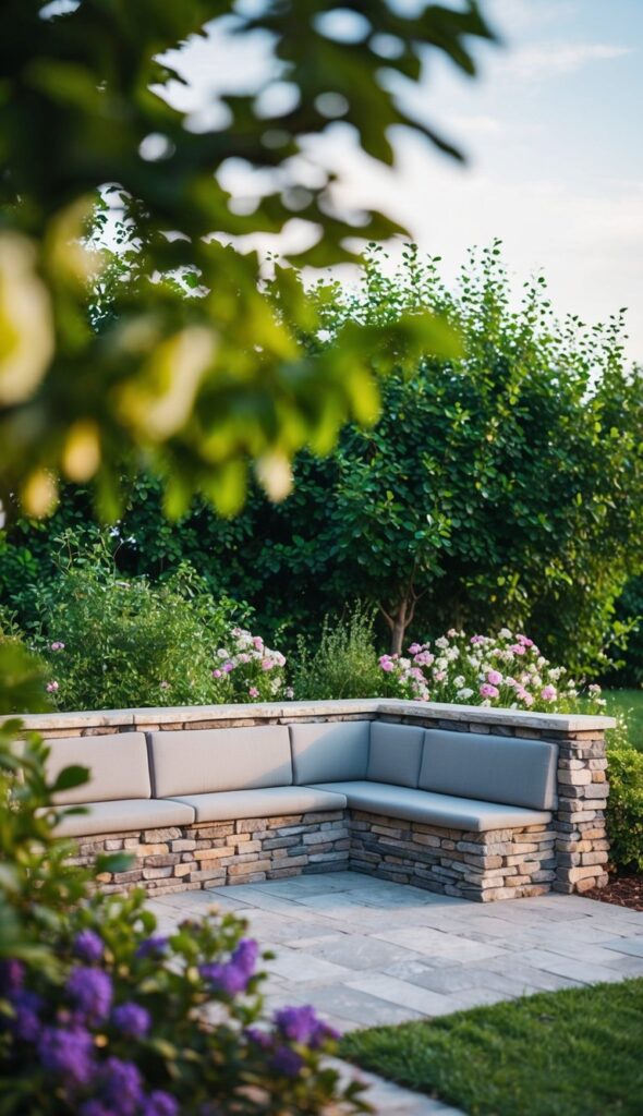 A stone fence with integrated seating, surrounded by lush greenery and flowers