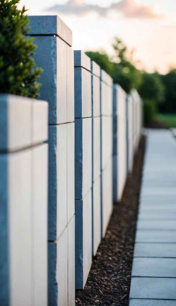 A modern stone fence with smooth-cut slabs, blending seamlessly into the surrounding landscape
