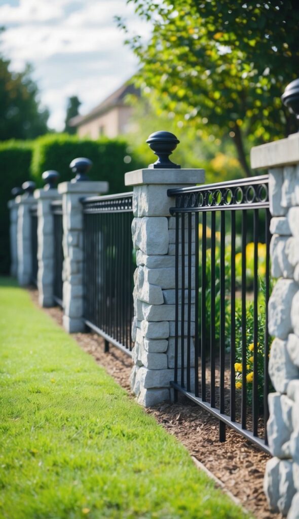 A decorative stone fence topped with metal railings lines the edge of a garden, creating a charming and elegant boundary