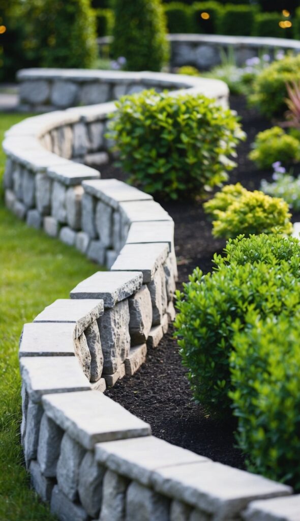 A winding stone fence surrounds a lush garden, with intricate designs and varying heights creating an elegant border
