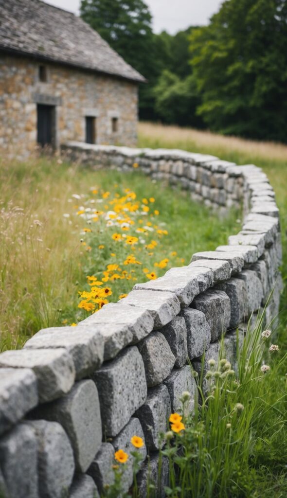 A stone fence surrounding a rustic farmhouse, with wildflowers and grass growing alongside it