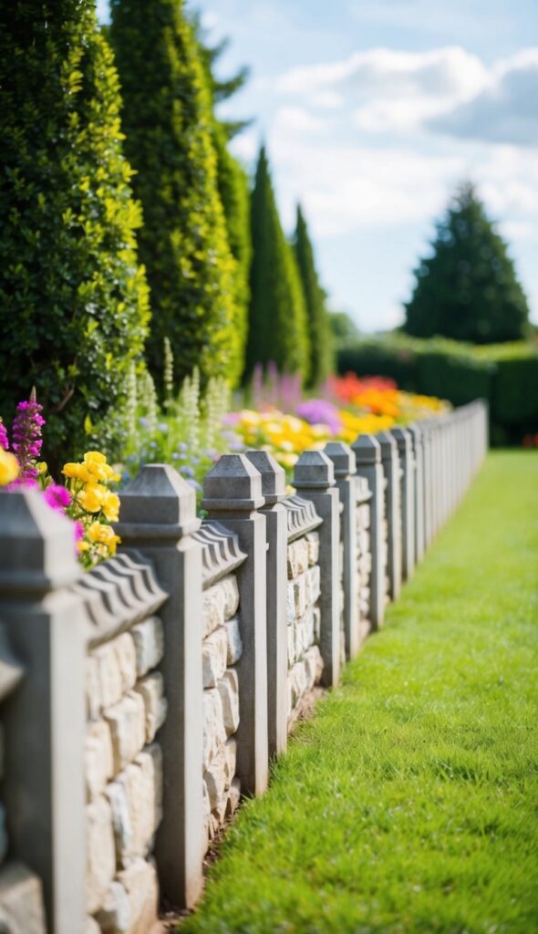 A well-maintained stone fence stands in a lush garden, surrounded by colorful flowers and tall trees, showcasing its durability and longevity