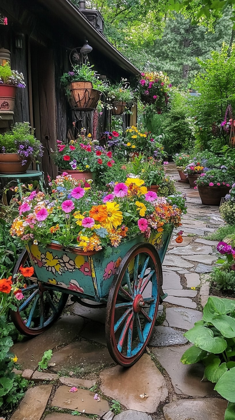 A colorful wheelbarrow filled with blooming flowers and trailing vines, surrounded by other charming planters in a lush garden setting