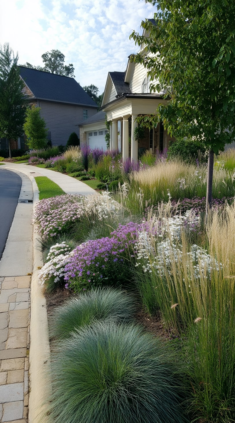 A driveway lined with various low maintenance ornamental grasses in a neatly landscaped design