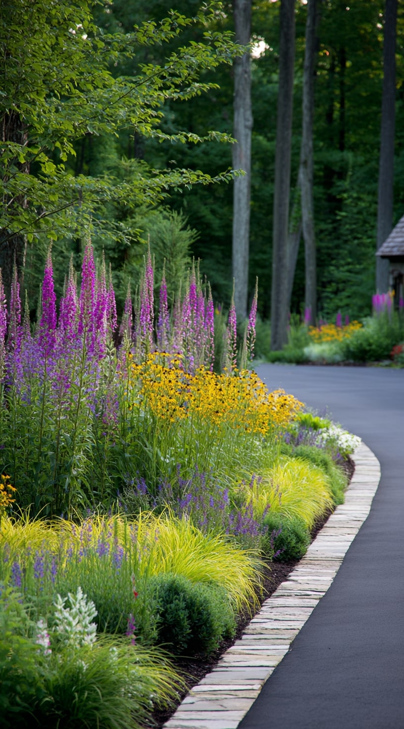 A row of colorful perennial plants lines the edge of a neat driveway, adding a pop of color and texture to the landscape