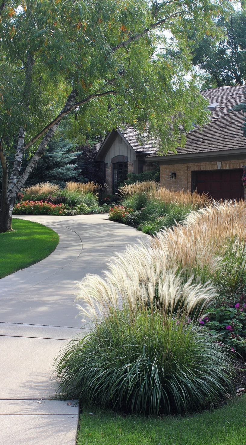 A winding driveway bordered by lush ornamental grasses in a neatly landscaped bed