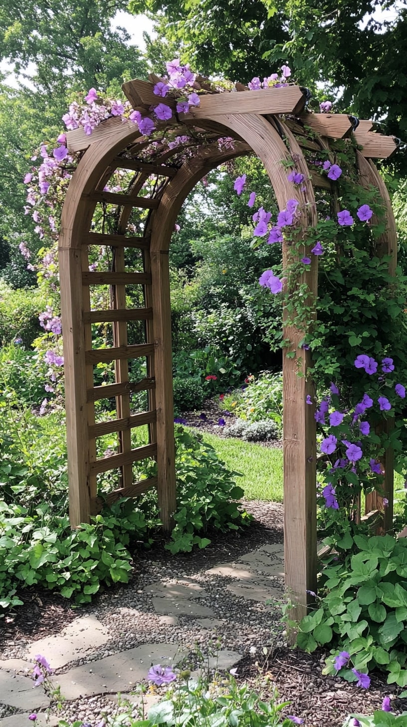 A wooden arched trellis stands in a lush garden, adorned with climbing vines and flowers, adding vertical interest to the landscape