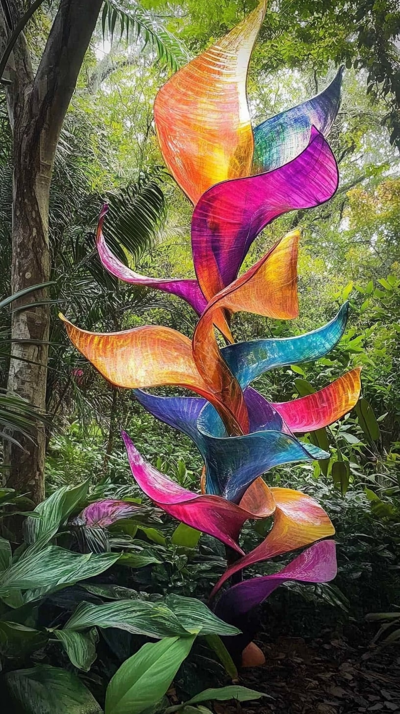 Colorful wind sculptures dance among lush garden plants