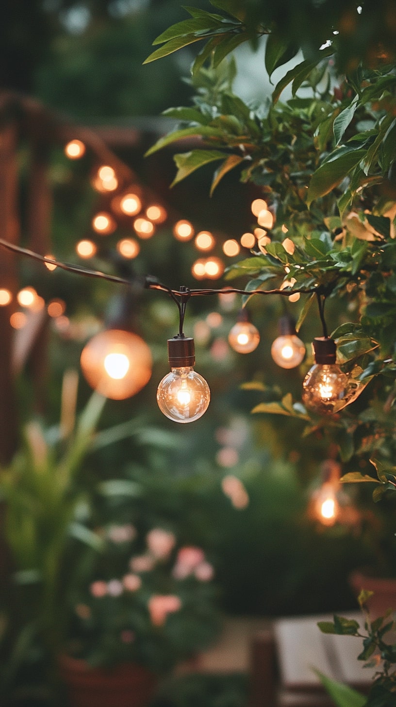 Elegant string lights draped among lush garden foliage, casting a warm glow over the outdoor space