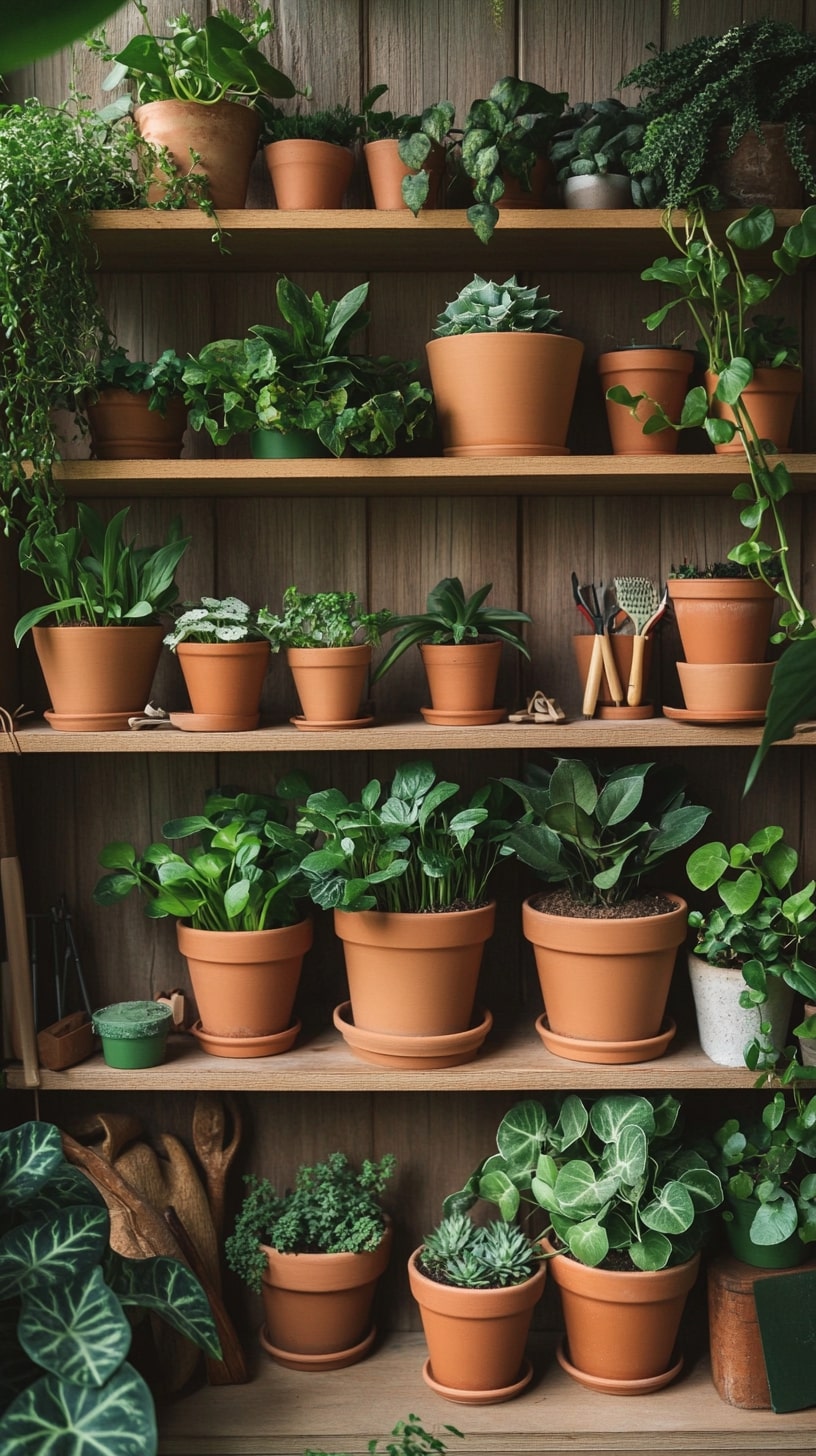 Terra-cotta pots arranged on a wooden shelf, filled with vibrant green plants and surrounded by gardening tools and decorative elements