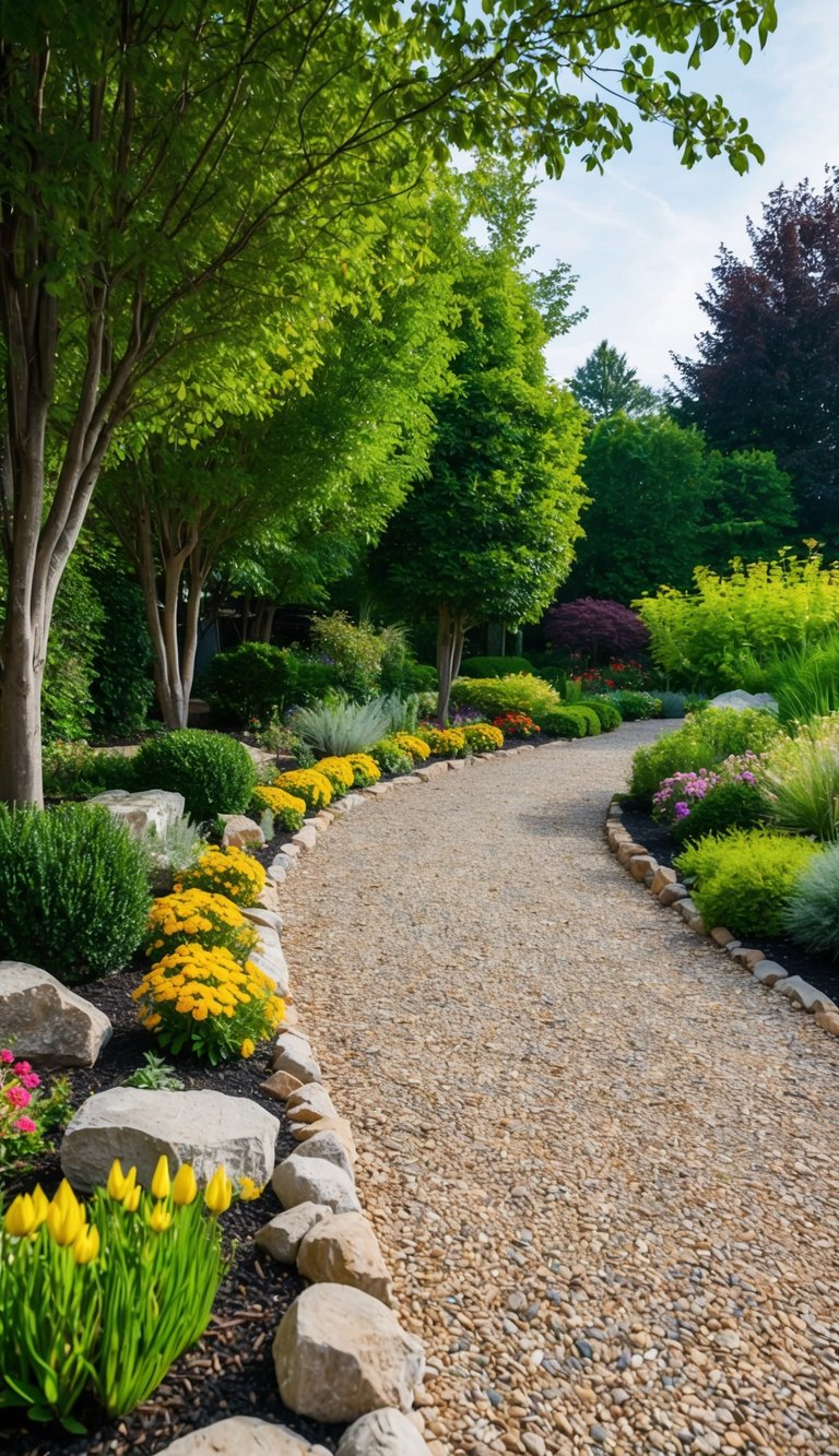 A lush garden borders a gravel driveway, with colorful flowers and greenery lining the path. Tall trees provide shade, while decorative rocks and shrubs add visual interest