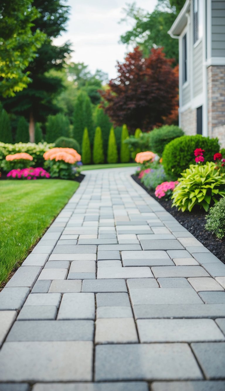 A driveway lined with geometric pavers, surrounded by lush landscaping and vibrant flowers