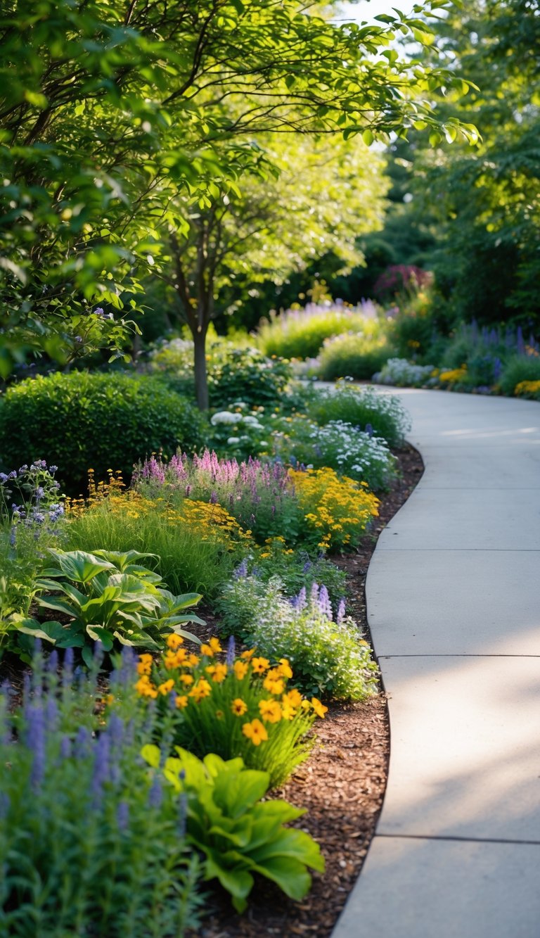 A lush, colorful woodland garden borders a winding driveway, with a variety of native wildflowers blooming in the dappled sunlight