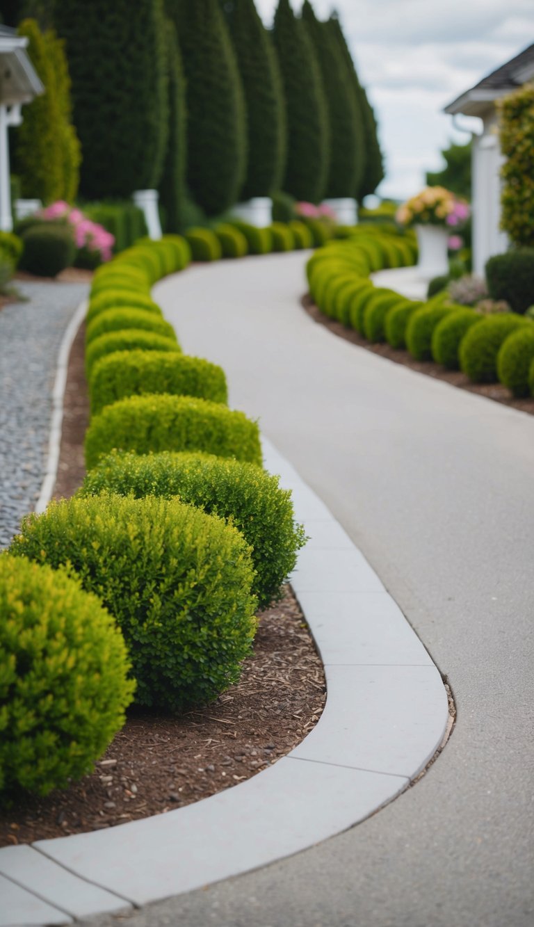 A winding driveway lined with neatly arranged small shrubs, creating a charming and inviting entrance to the property