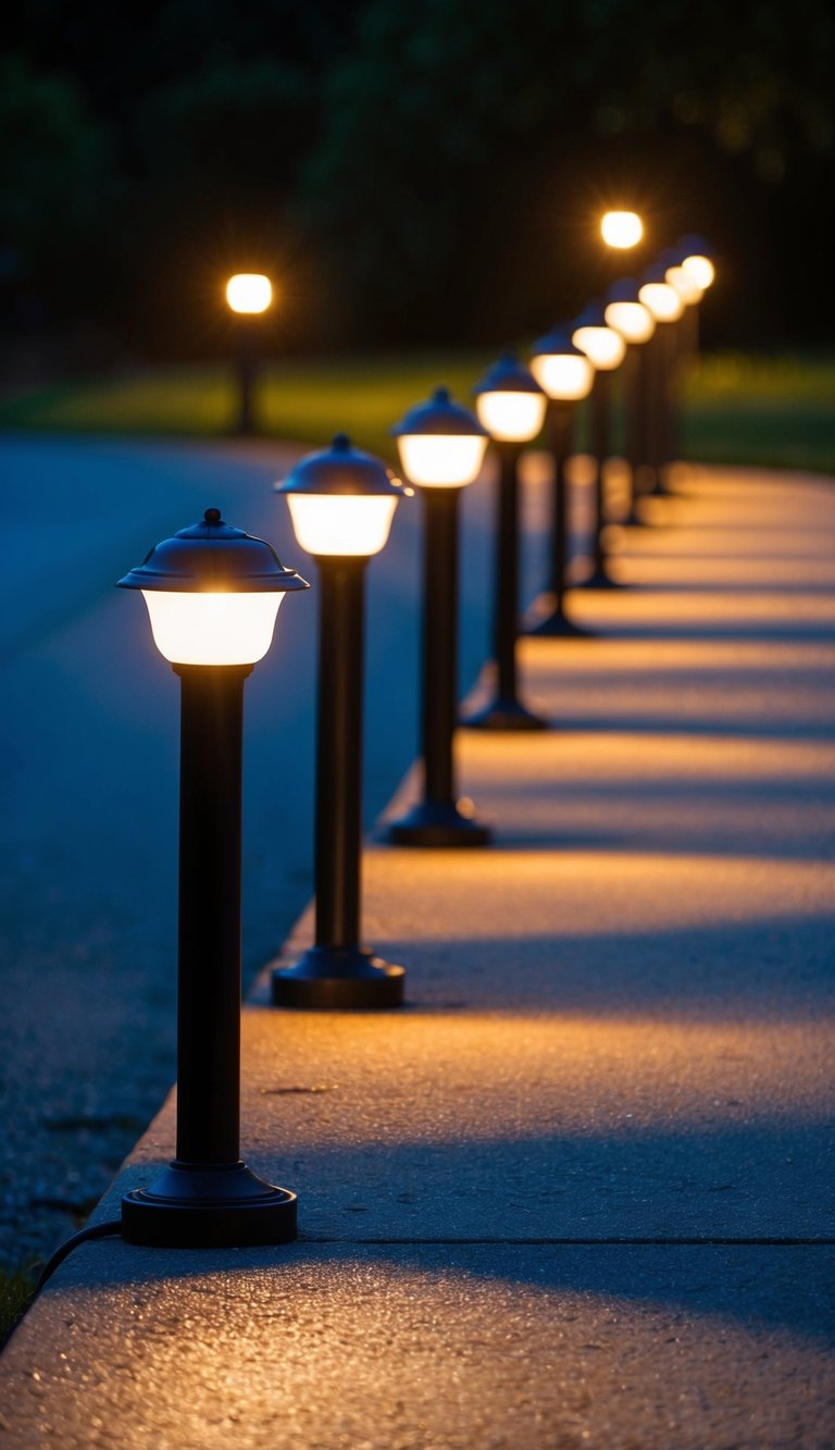 A stone pathway illuminated by warm step lights leading through a garden at night