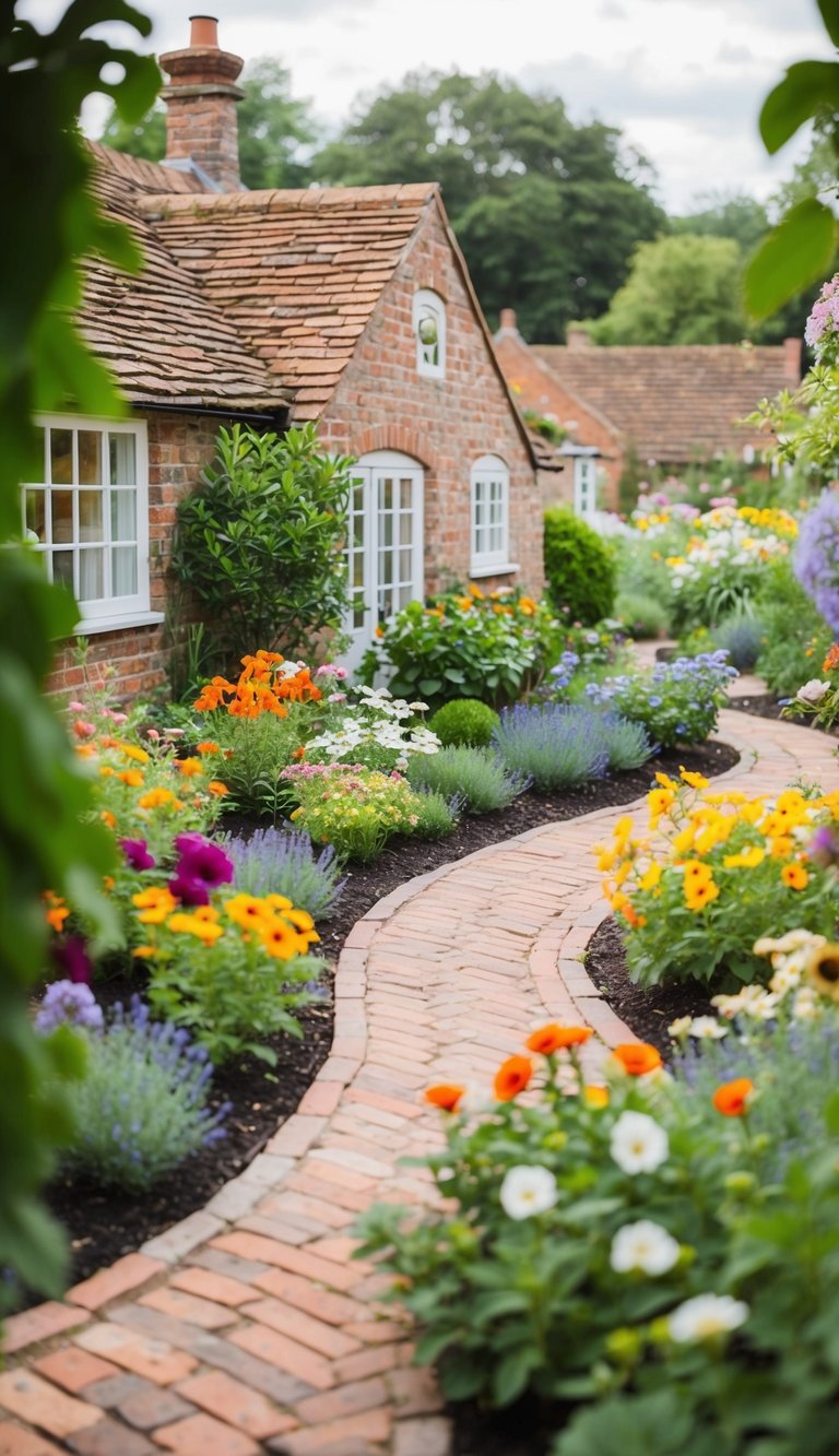 A charming cottage garden with winding brick pathways and colorful flowers