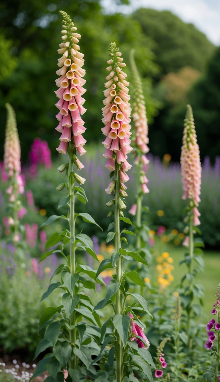 Tall foxgloves stand at the back of a lush cottage garden bed, adding height and color to the scene