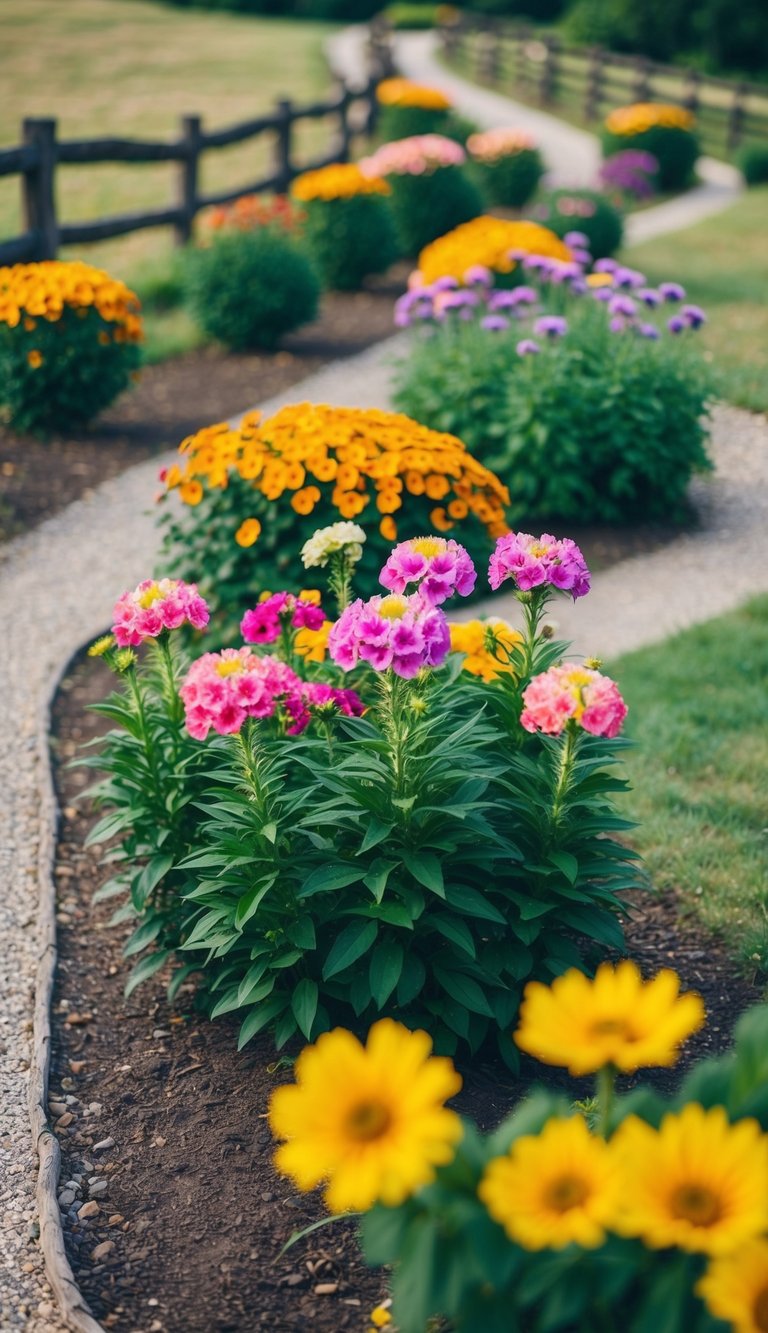 Lush, colorful flowers grouped in clusters, surrounded by winding paths and rustic fences
