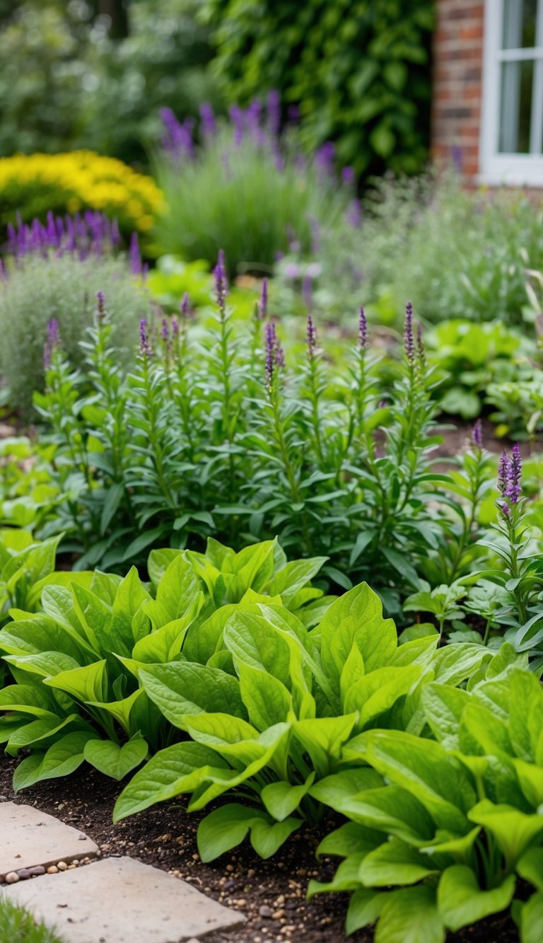 Lush green ground cover plants spread across a cottage garden, filling in empty spaces and preventing weeds from taking over