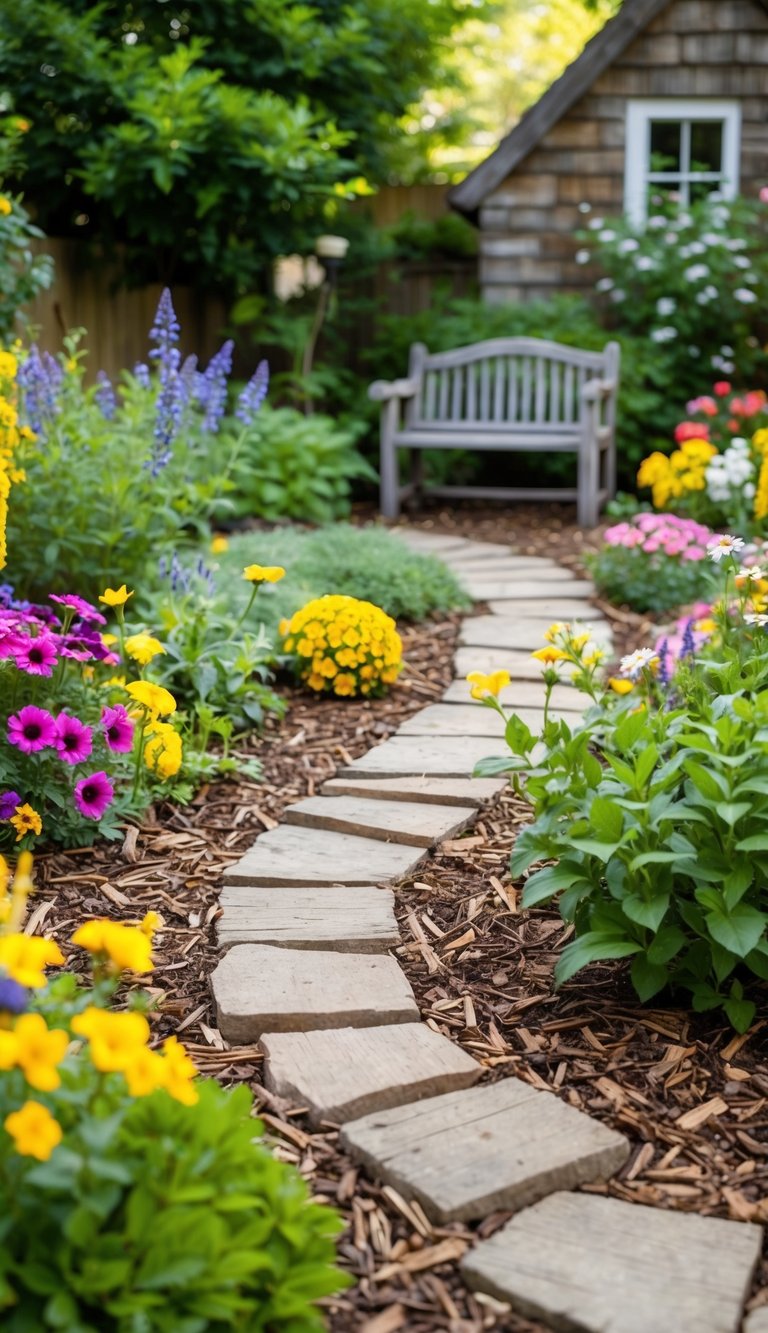 A quaint cottage garden with wood chip mulch, surrounded by colorful flowers and lush greenery. A charming stone path winds through the garden, leading to a rustic wooden bench