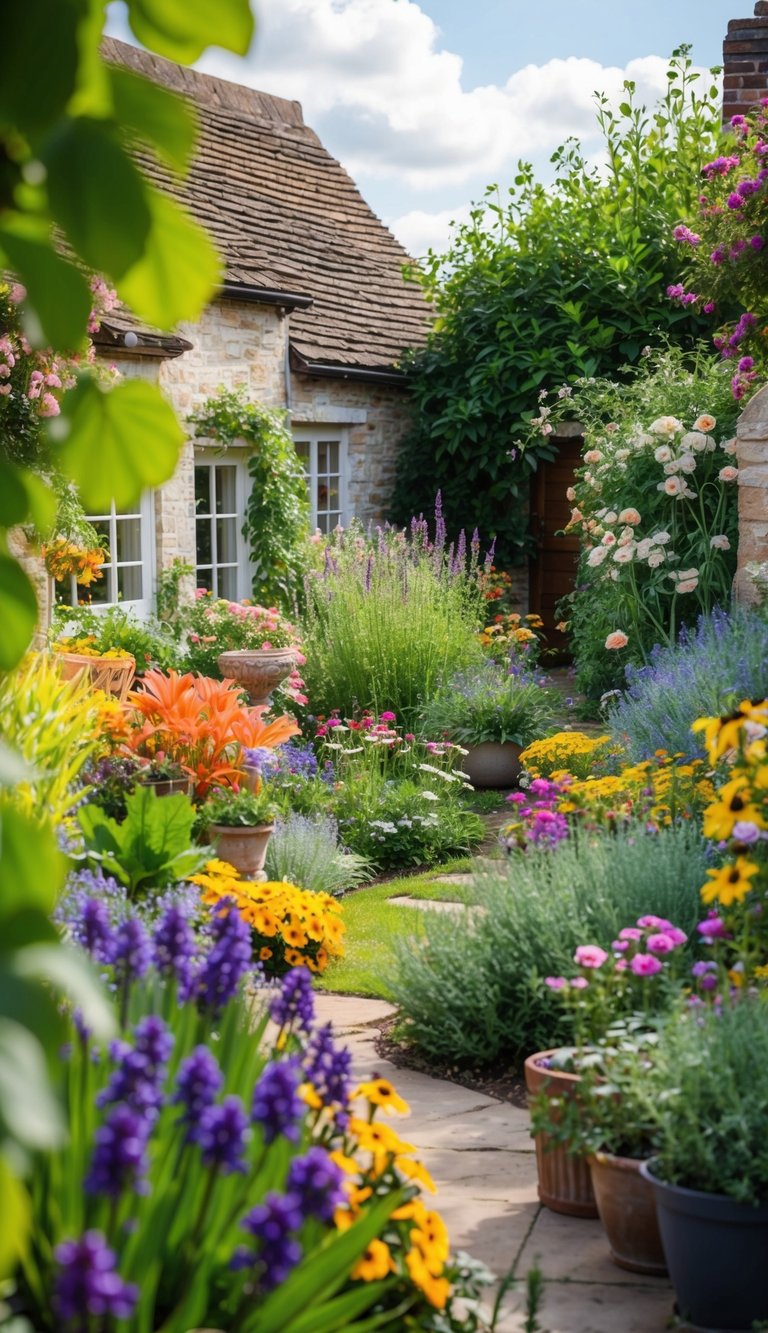 A cottage garden with a variety of colorful flowers and plants, arranged in a relaxed and informal manner, creating a charming and inviting atmosphere