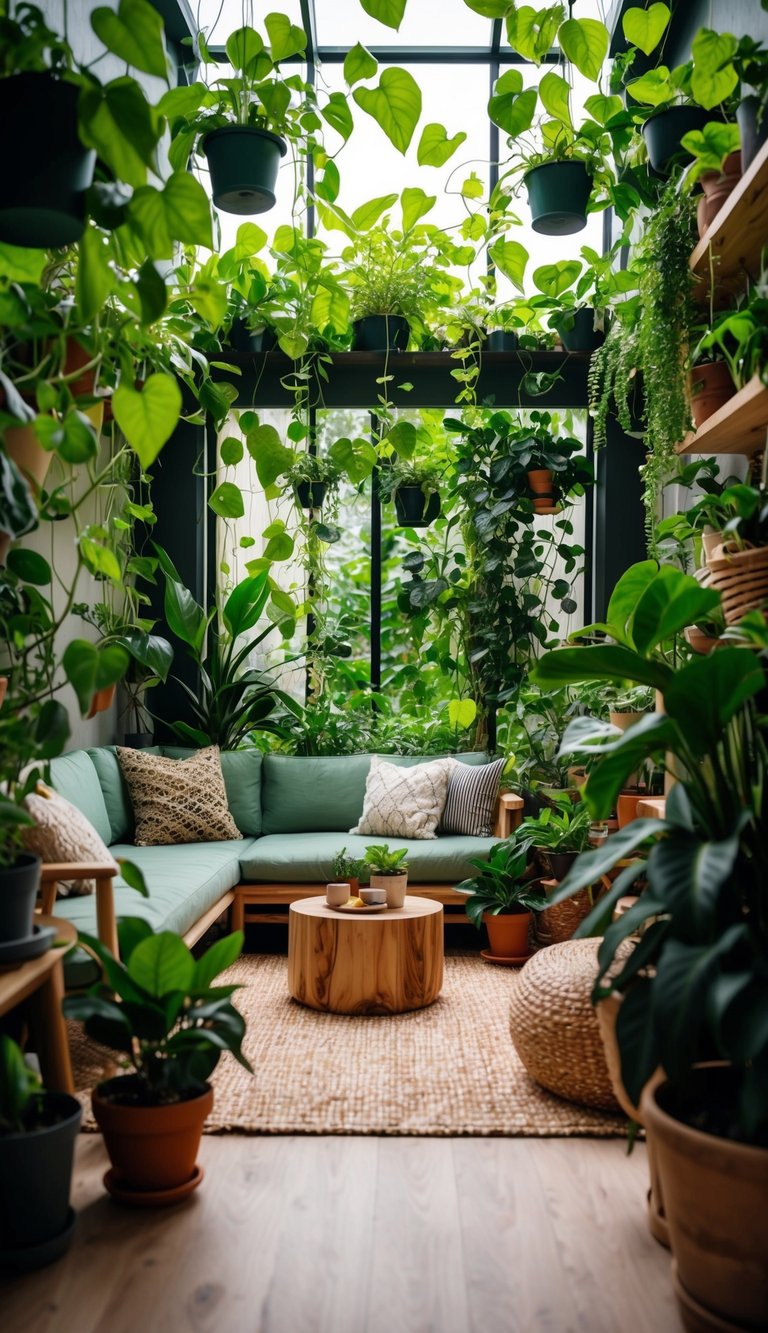 A cozy indoor space filled with vibrant green plants and hanging vines, creating a lush and tranquil retreat