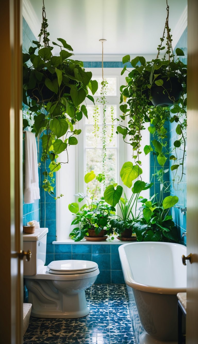 A bathroom garden with lush green plants and hanging vines, surrounded by a shower and bathtub, with natural light streaming in through a window