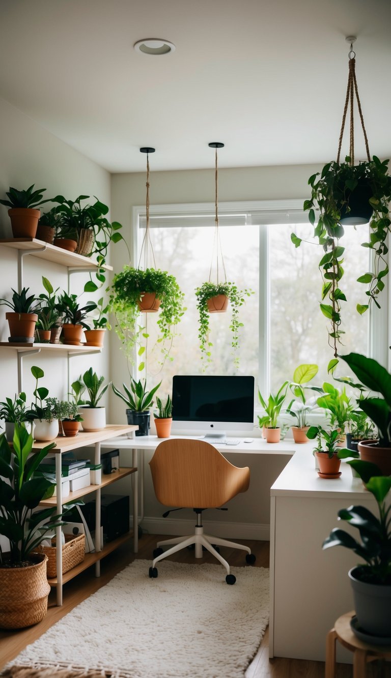 A cozy home office with a variety of low-maintenance plants placed on shelves, desks, and hanging from the ceiling, creating a serene and inspiring indoor garden