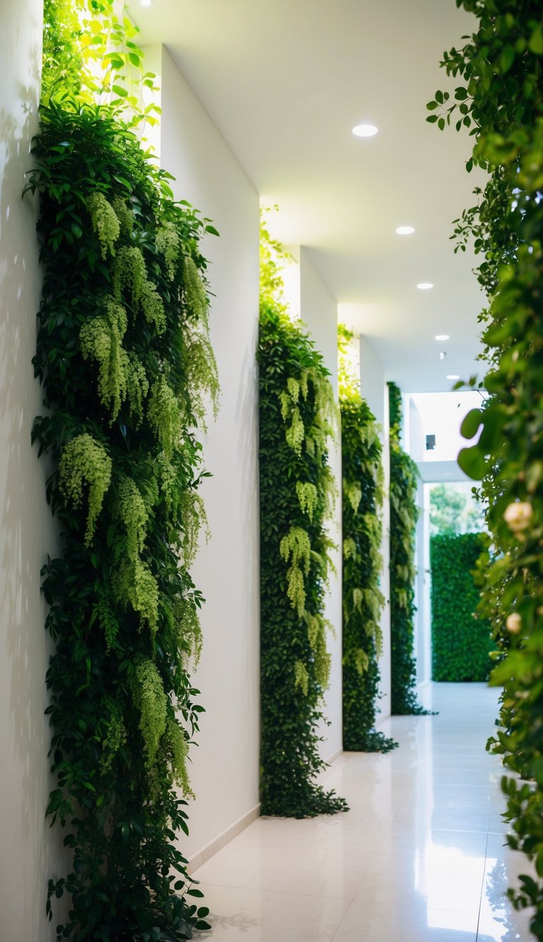 Lush greenery cascades down the walls of a brightly lit hallway, creating a serene and inviting indoor garden atmosphere