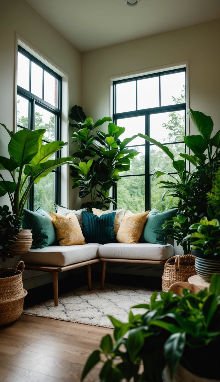 A cozy reading nook nestled among lush plants and greenery, with natural light streaming in through large windows