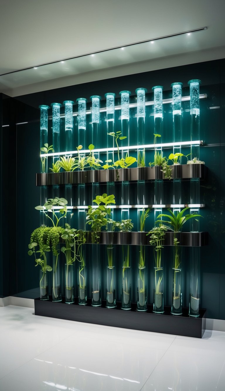A sleek, modern room with a large decorative wall covered in glass tubes filled with water and various plants propagating inside