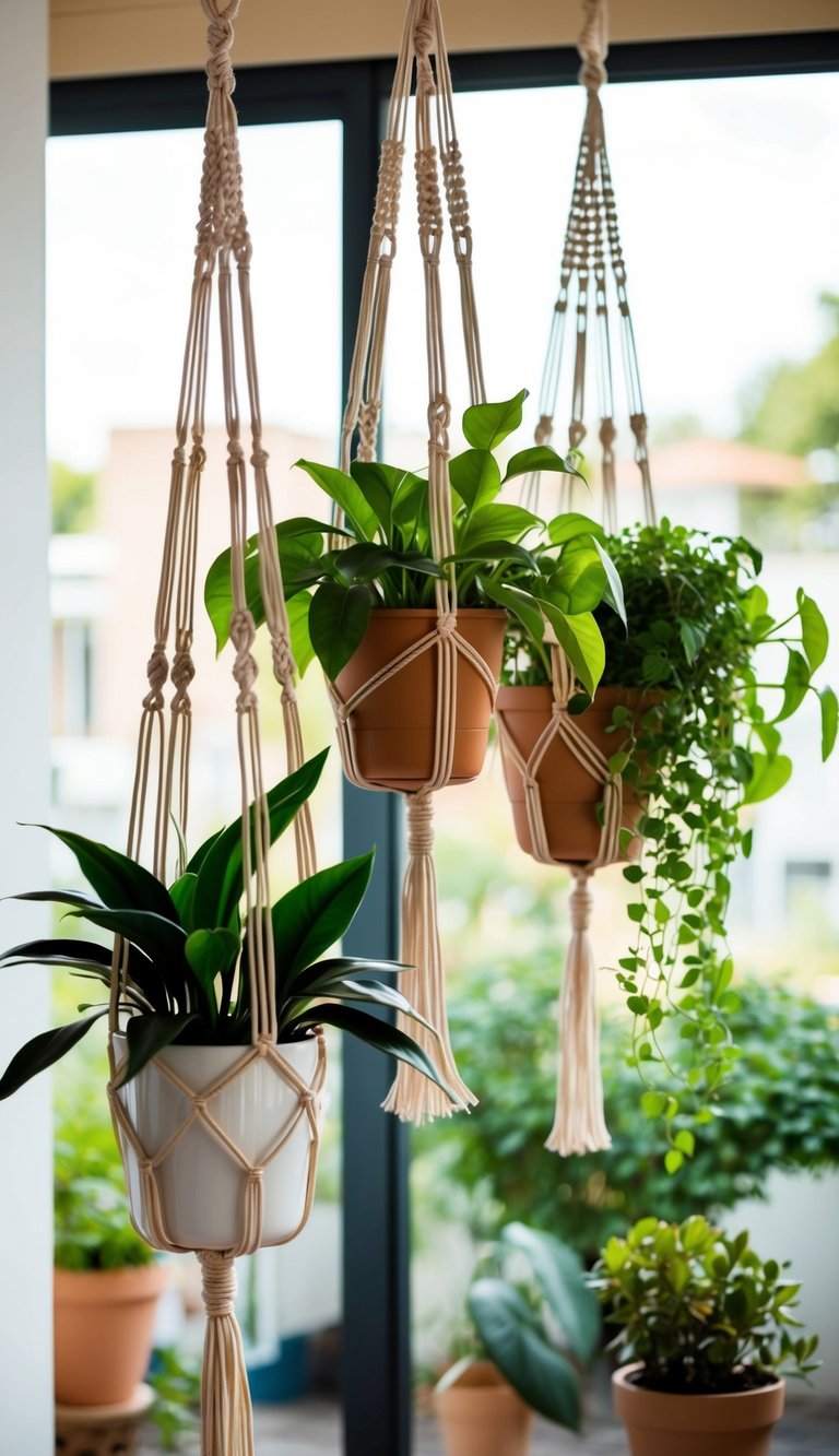 Macrame plant hangers hang from ceiling, holding lush green plants, creating an indoor garden, saving floor space