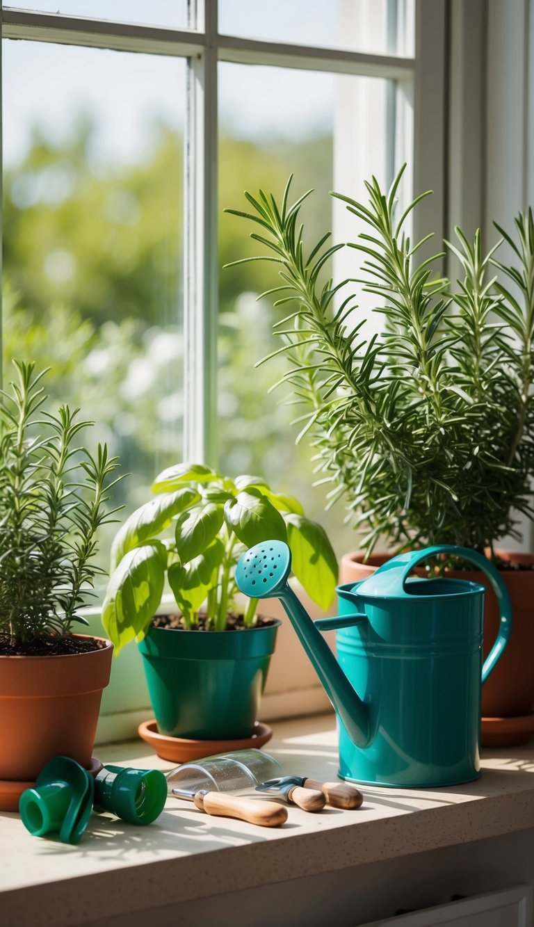Basil and rosemary grow in pots on a sunny windowsill, surrounded by small gardening tools and watering can