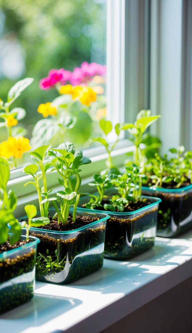 A small hydroponic garden sits on a sunny windowsill, with lush green plants growing in clear containers filled with nutrient-rich water. The space is filled with vibrant colors and the promise of year-round growth