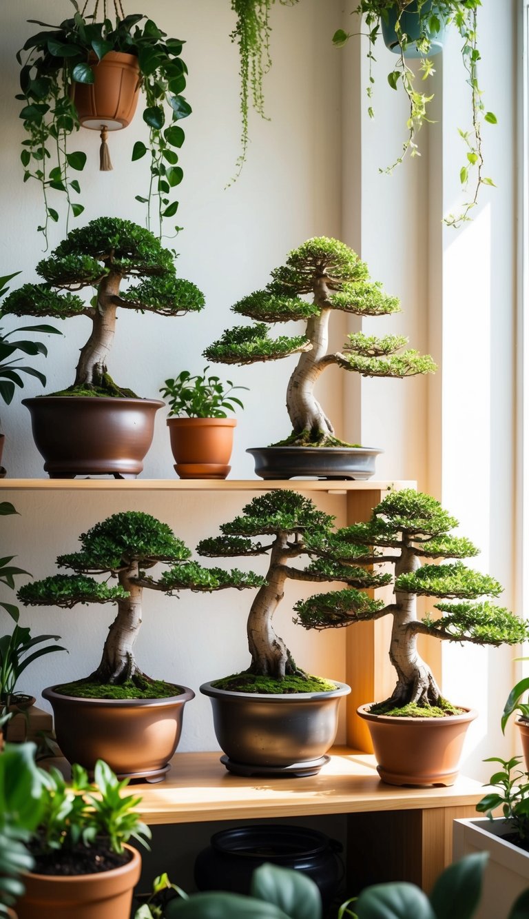 A collection of bonsai trees arranged on a wooden shelf in a sunlit room, surrounded by other potted plants and hanging greenery