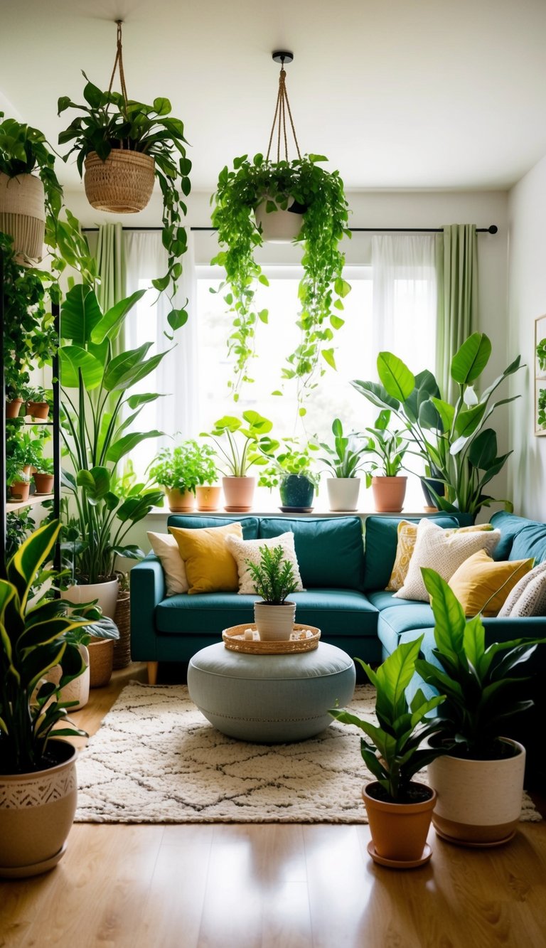 A cozy living room with a variety of lush, thriving indoor plants in decorative pots and hanging planters, surrounded by natural light and vibrant greenery
