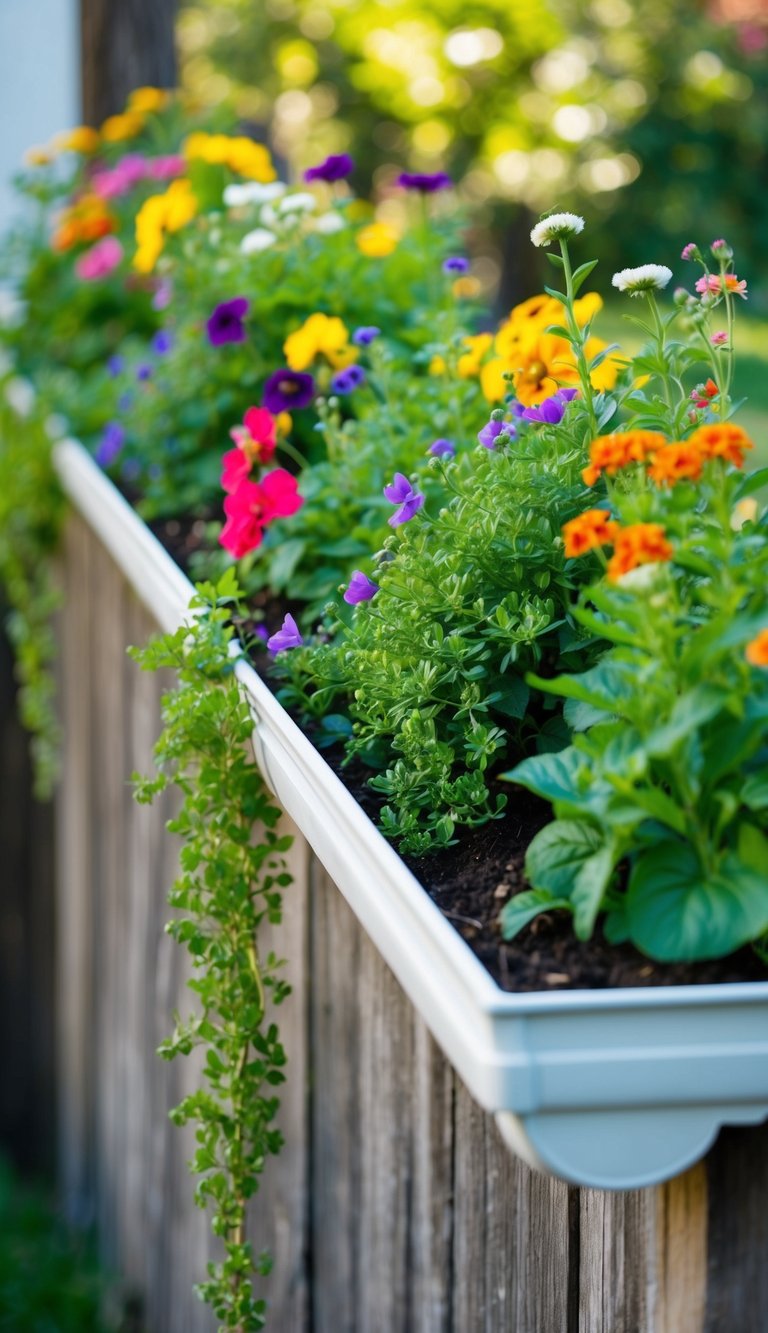 Vinyl gutters hang horizontally, filled with vibrant flowers and cascading greenery. A whimsical garden display against a rustic fence
