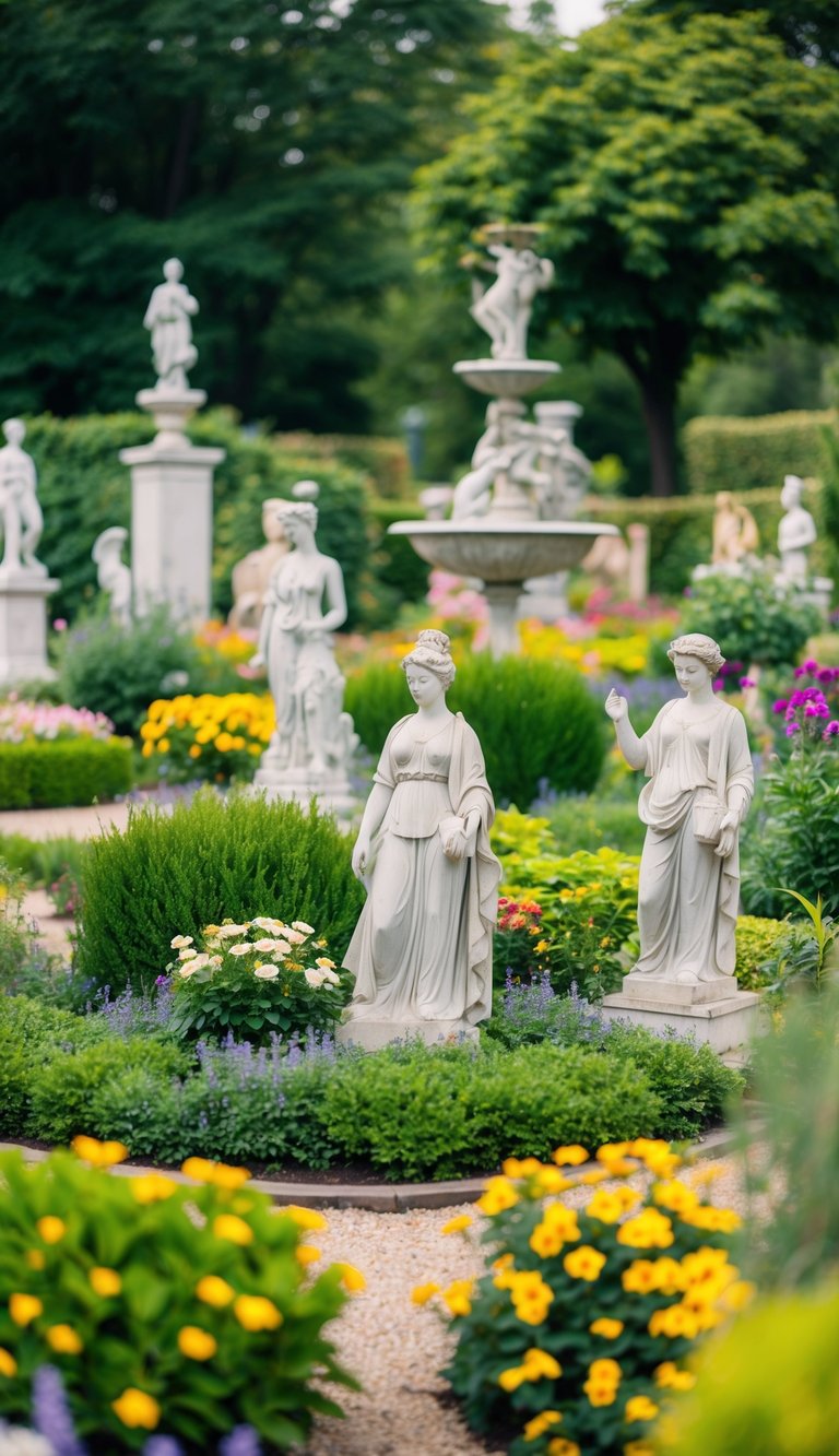 A serene garden with a variety of statues and sculptures strategically placed as focal points among lush greenery and colorful flowers