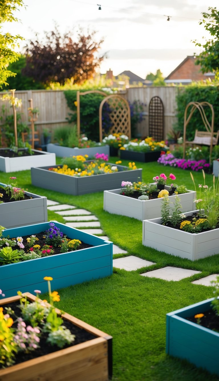 A backyard with 10 raised beds of various shapes and sizes, filled with colorful flowers and plants. A winding path leads through the garden, with decorative elements such as trellises and garden ornaments scattered throughout