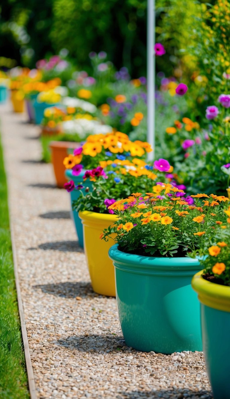 Vibrant planters line a garden path, filled with colorful blooms and greenery, adding a cheerful touch to the outdoor space
