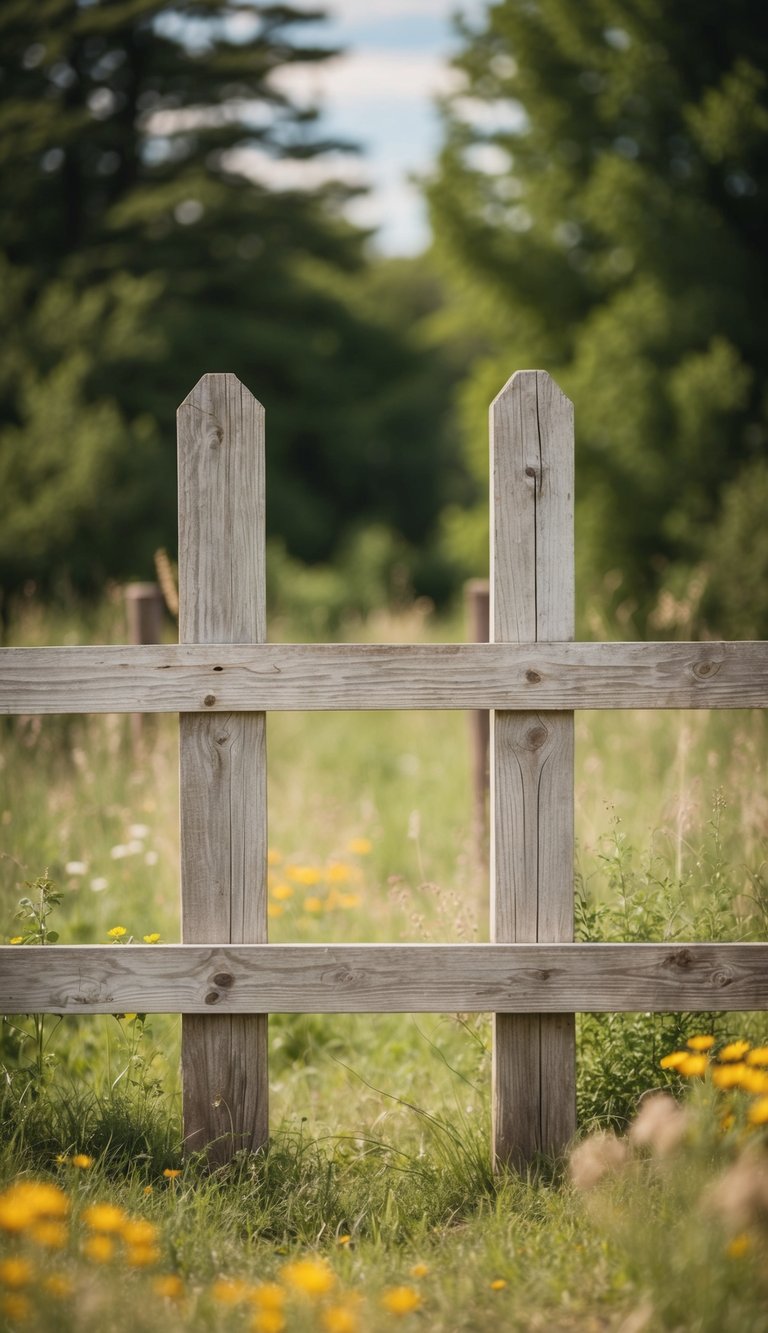 A classic four-board wooden fence stands in a rustic setting, surrounded by natural elements like trees and wildflowers