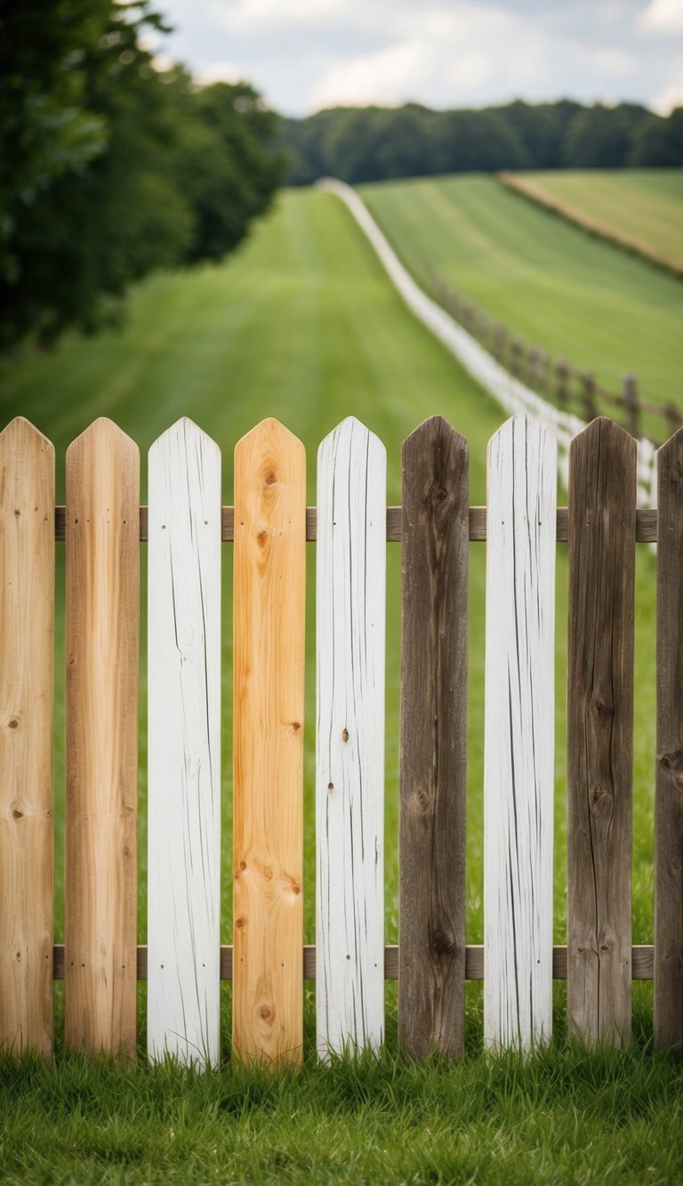 A weathered wooden fence divides a lush countryside, with alternating sections of natural and white-washed wood creating a two-tone traditional rustic pattern