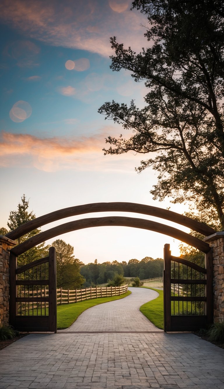 A grand entrance with a curved rustic fence surrounded by nature
