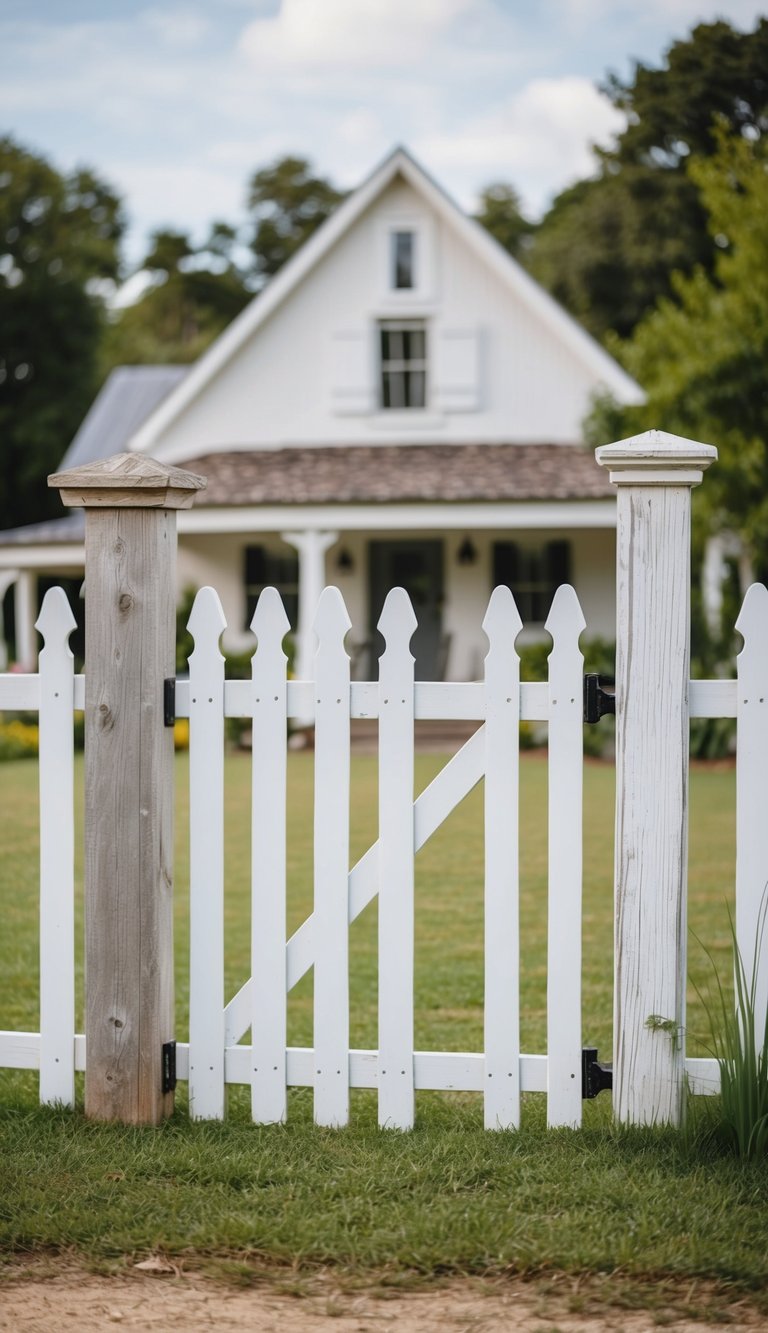 A charming farmhouse-style picket fence surrounds a rustic country home, with weathered wooden posts and white slats creating a classic and welcoming entrance
