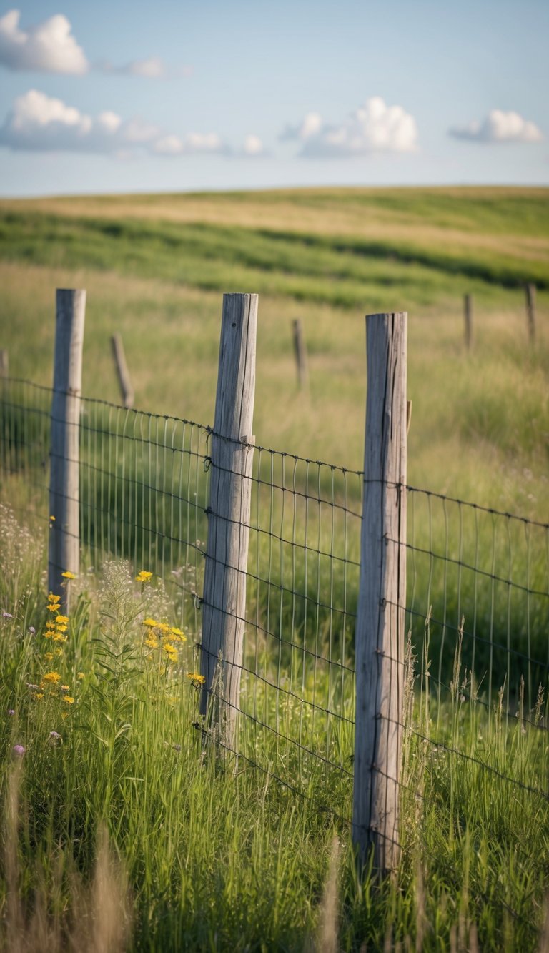 A split rail fence with wire mesh, surrounded by tall grass and wildflowers, stretches across the rustic landscape