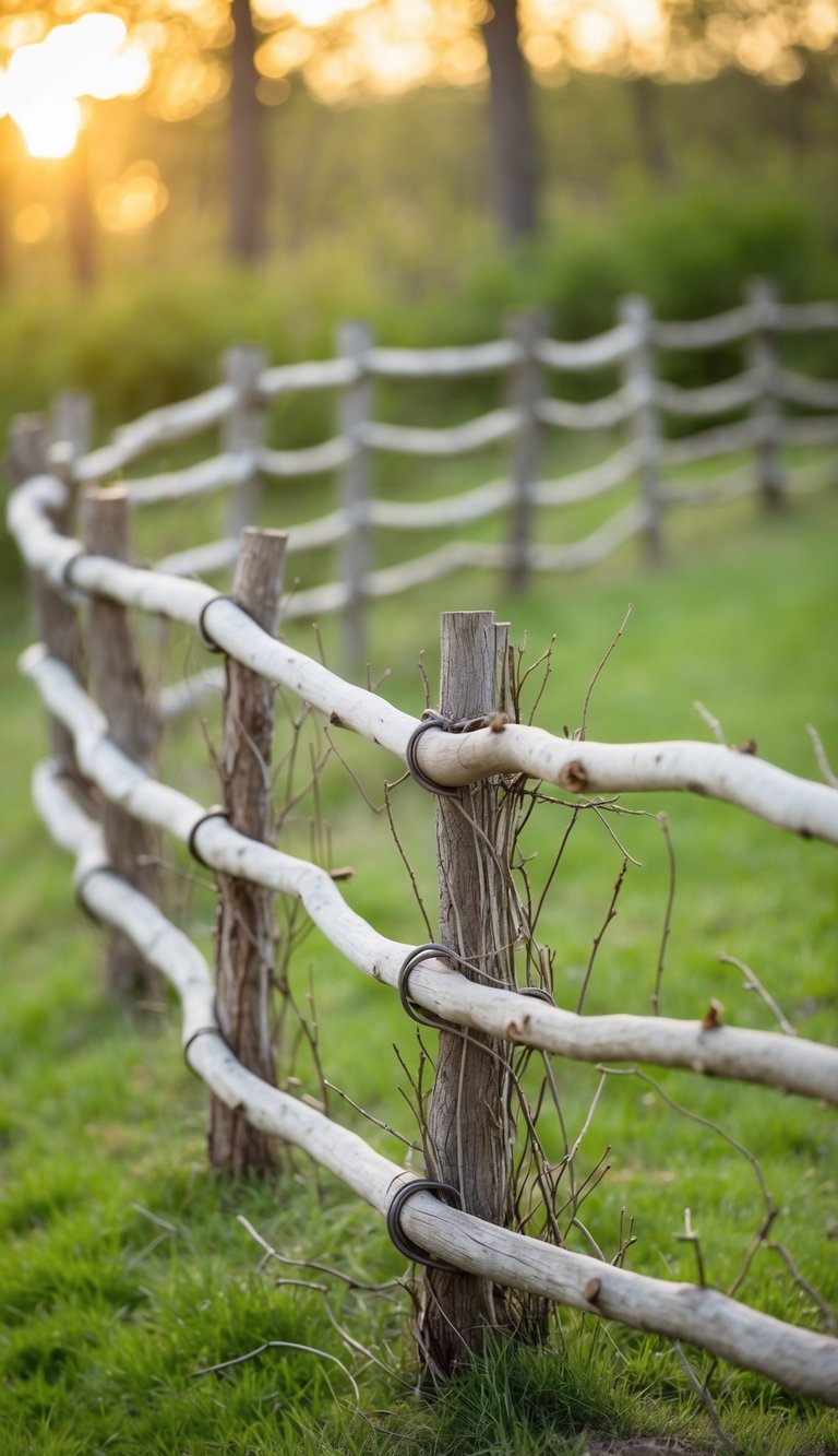 A winding fence made of natural branches, weaving in and out to create a rustic and organic barrier
